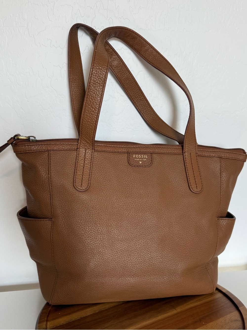 Fossil Mimi Leather Tote Shopper Bag Carmel Brown Cow Hide Brown Shoulder Pebble